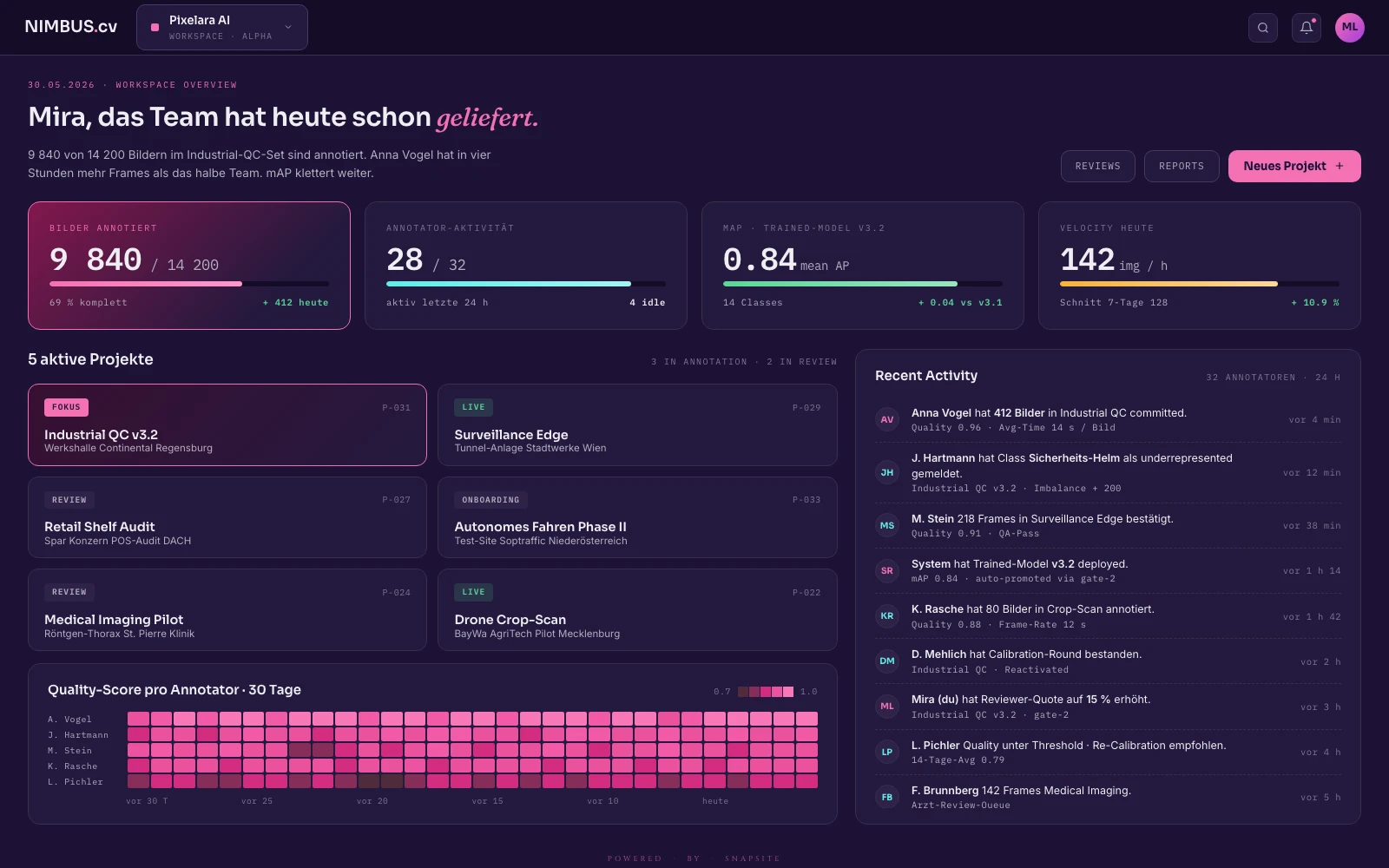 Projekt-Dashboard. Mira sieht in 10 Sekunden, wo Aufmerksamkeit fehlt.