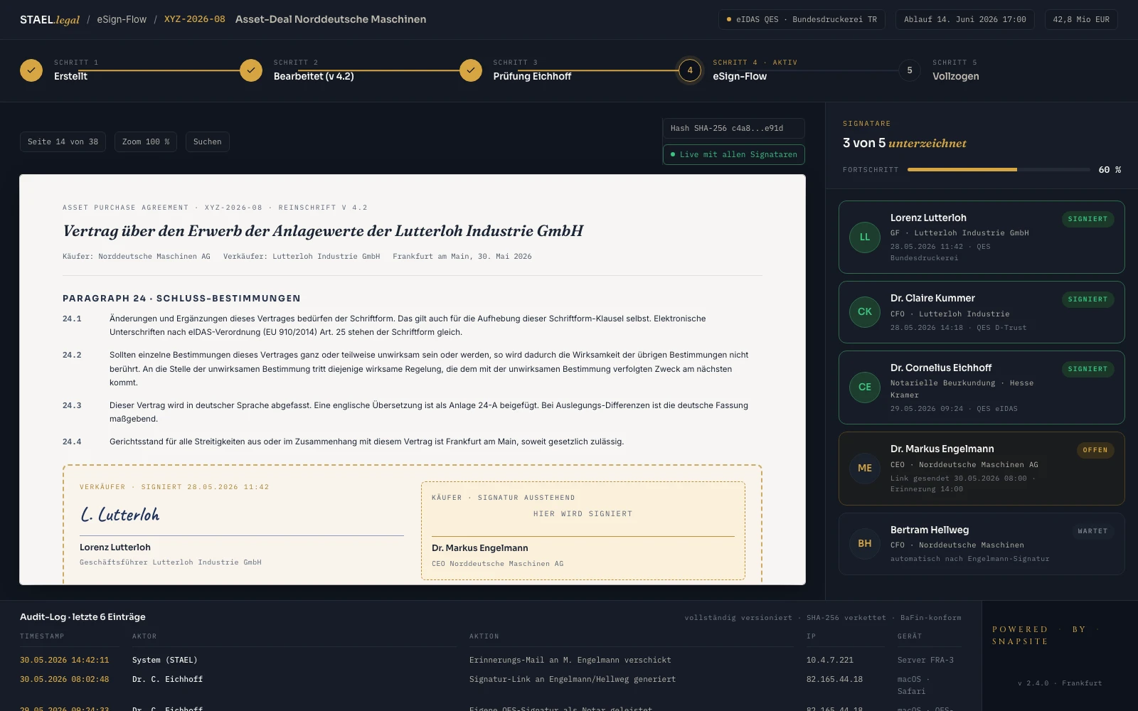 eSign nach eIDAS. Caveat-Signatur auf der PDF, Audit-Log direkt darunter.