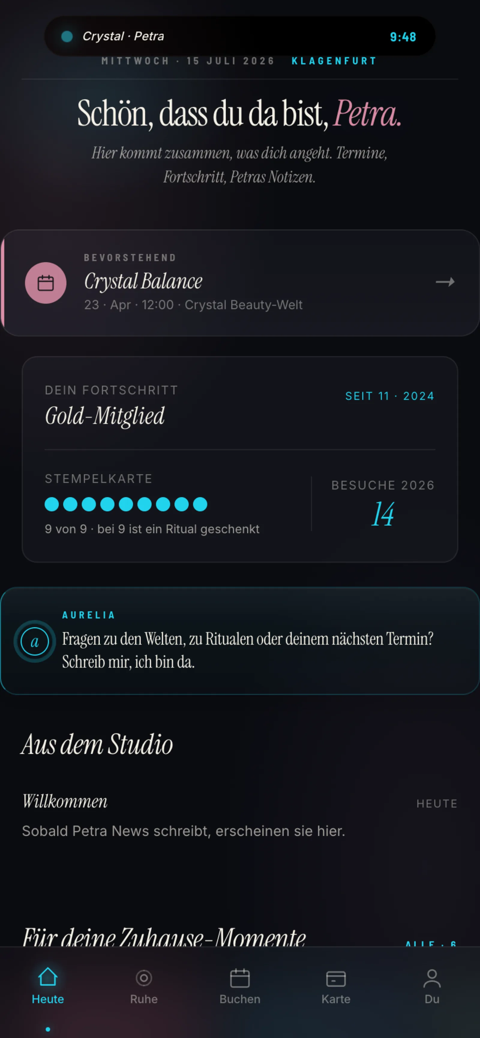 Heute-Tab mit nächstem Termin und Fortschritt