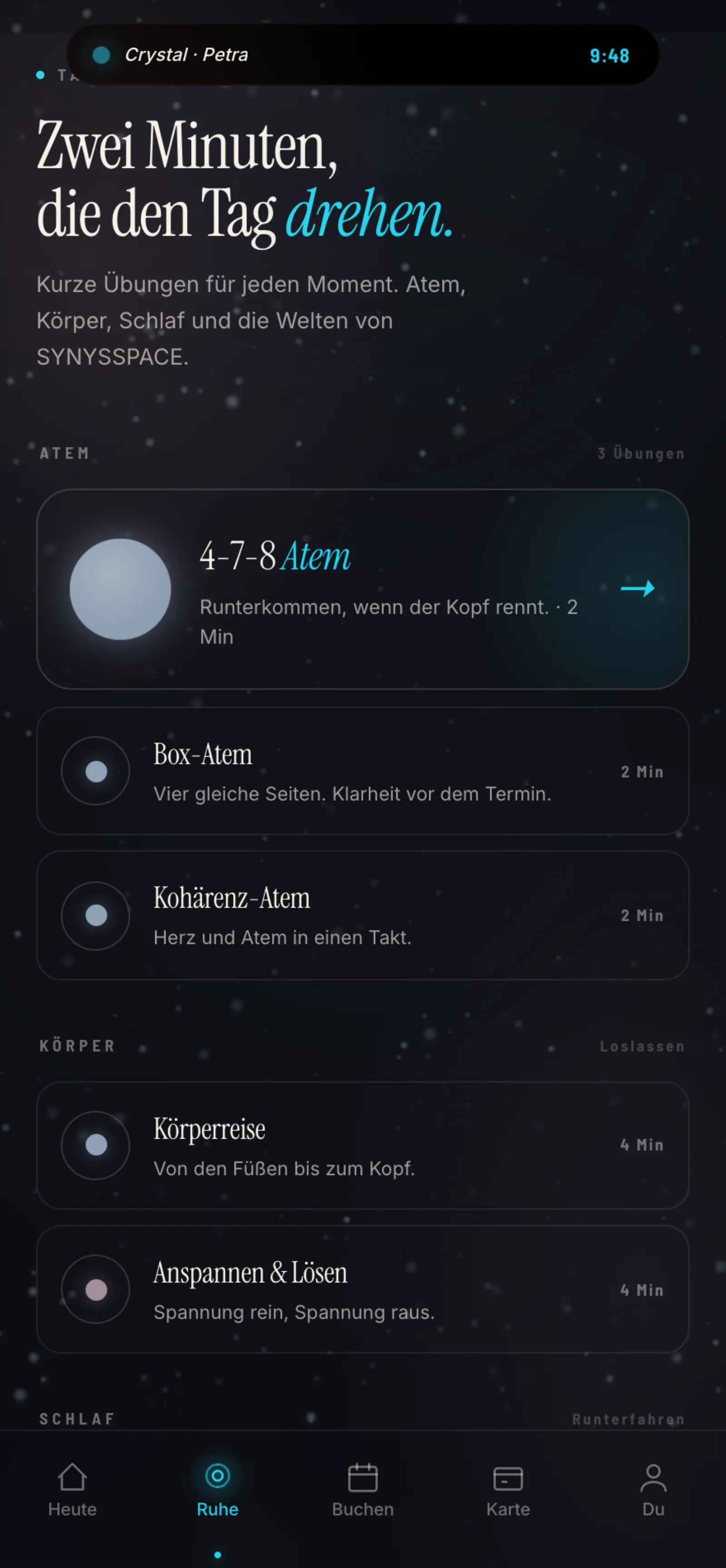 Ruhe-Tab mit täglicher Praxis und Atemübung